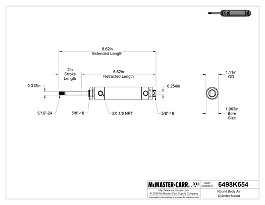 Technical drawing of Round Body Air Cylinder Mount, Double-Acting, Universal Mount, 1-1/16" Bore, 2" Stroke Length .